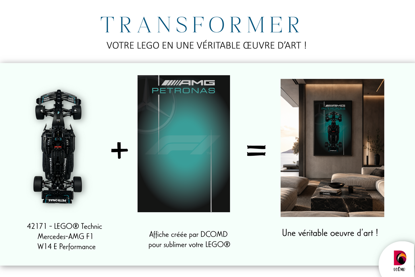Affiche LEGO® Formula 1 Mercedes personnalisée + système de fixation mural