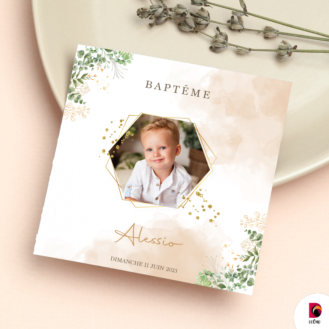 Invitation Baptême - or feuillage