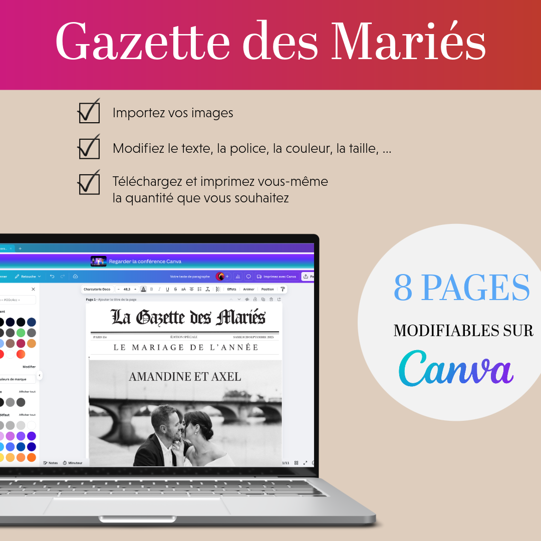 La Gazette des mariés personnalisable – Modèle DIY à imprimer chic