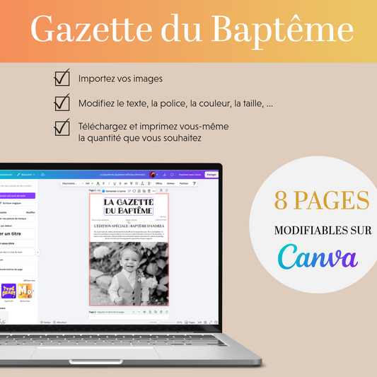 Gazette Baptême Personnalisable – Modèle Canva à Télécharger et Imprimer