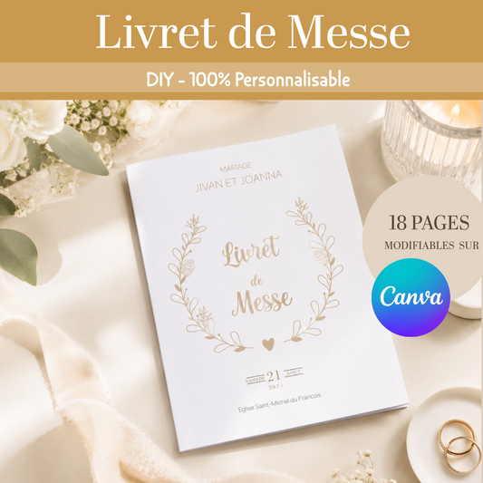 Livret de Messe Mariage Catholique Personnalisable | Template Canva Français | Programme Cérémonie Religieuse PDF