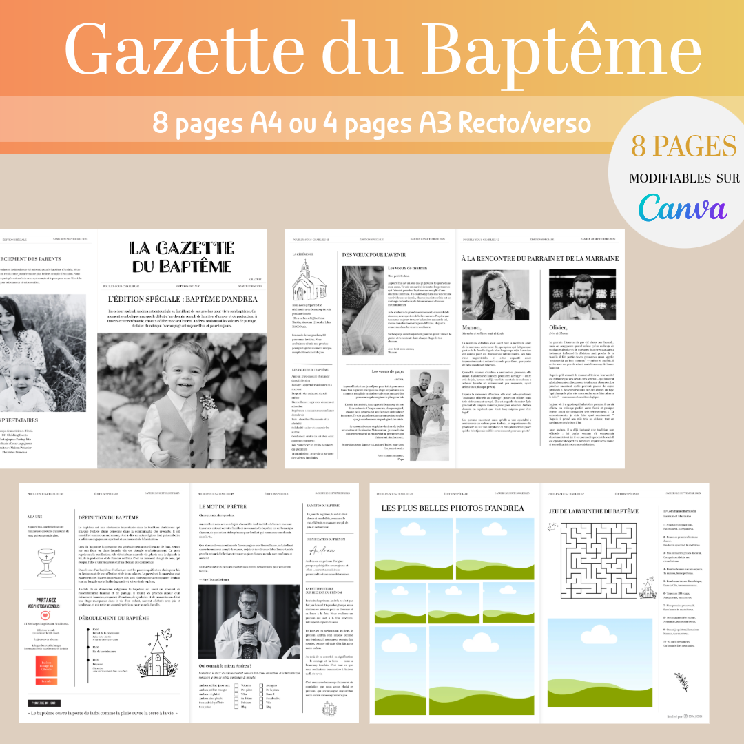 Gazette Baptême Personnalisable – Modèle Canva à Télécharger et Imprimer