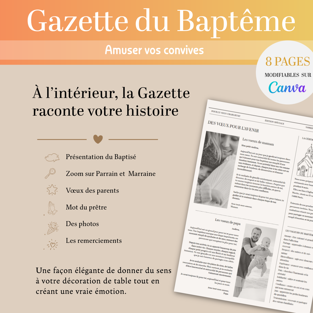 Gazette Baptême Personnalisable – Modèle Canva à Télécharger et Imprimer