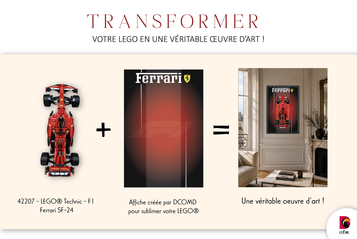 Affiche LEGO® Formula 1 Ferrari personnalisée + système de fixation mural