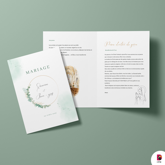 Livret de messe mariage Or et Eucalyptus personnalisé