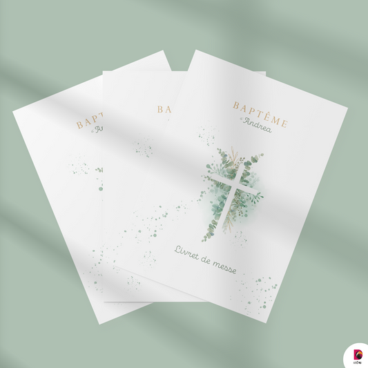 Livret de messe baptême Gold et Eucalyptus personnalisé