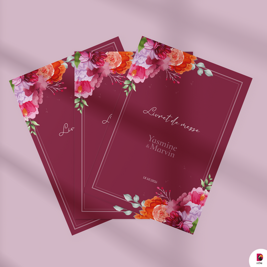 Livret de messe mariage Bordeaux fleuri personnalisé