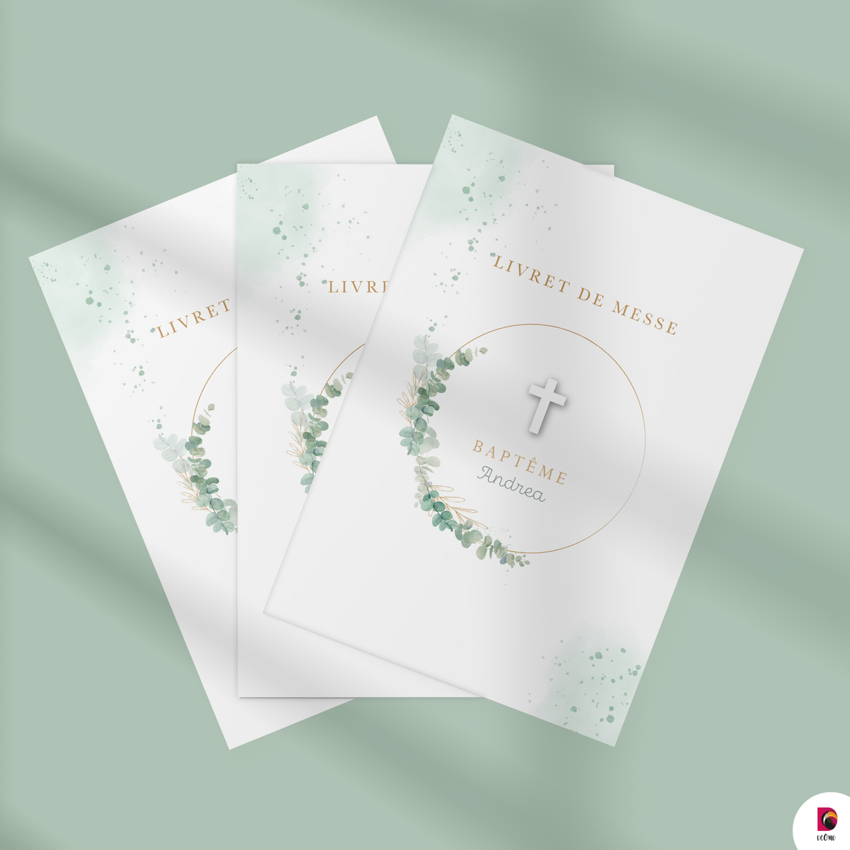 Livret de messe baptême épuré Gold et Eucalyptus