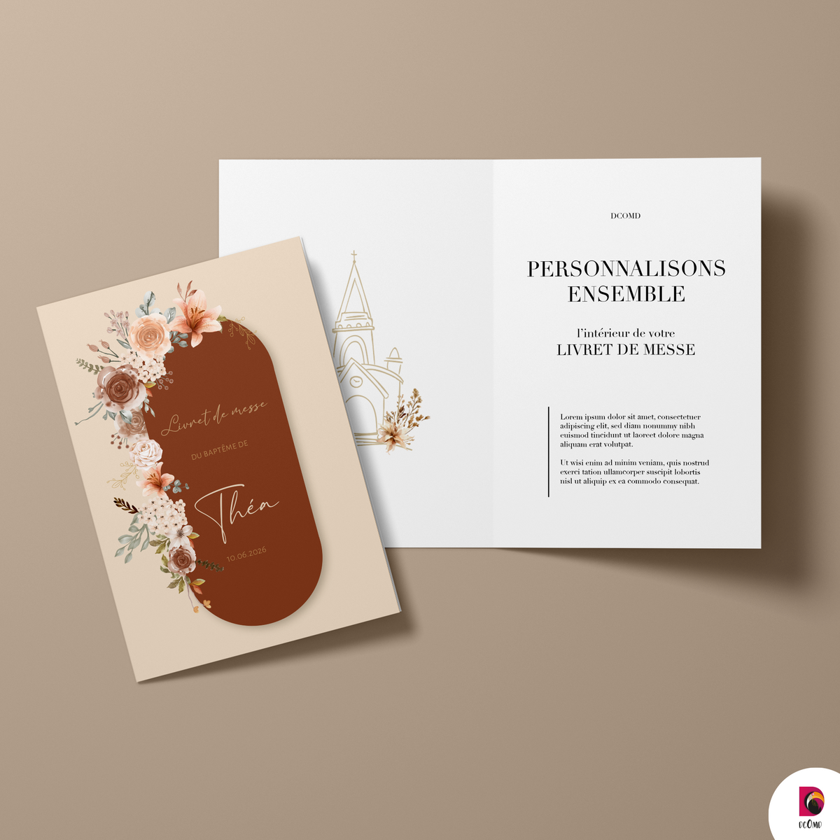 Livret de messe baptême personnalisé Terracotta fleuri